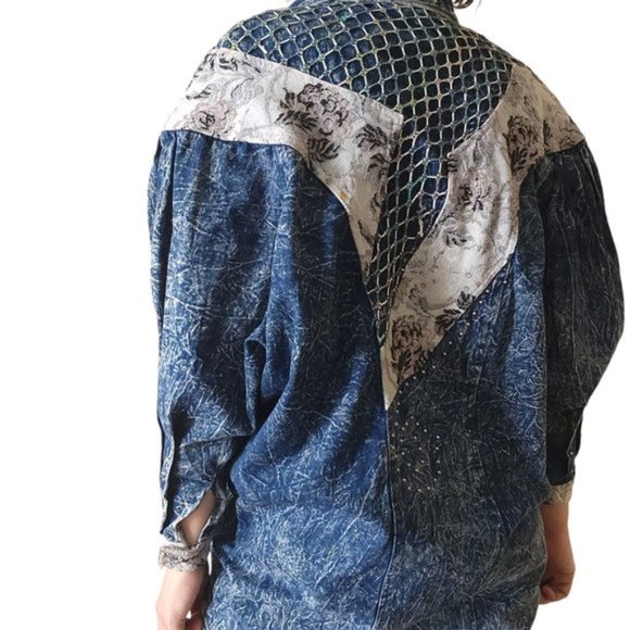 Vintage J Carreli Mixed Media Denim Acid Wash Jacket - Picture 3 of 11
